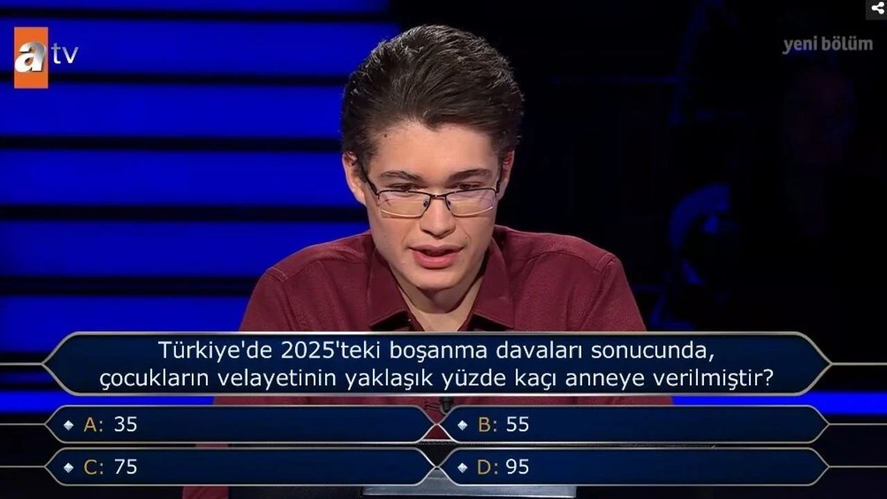 Türkiye'de 2025'teki boşanma davaları sonucunda, çocukların velayetinin yaklaşık yüzde kaçı anneye verilmiştir? Kim Milyoner Olmak İster sorusu